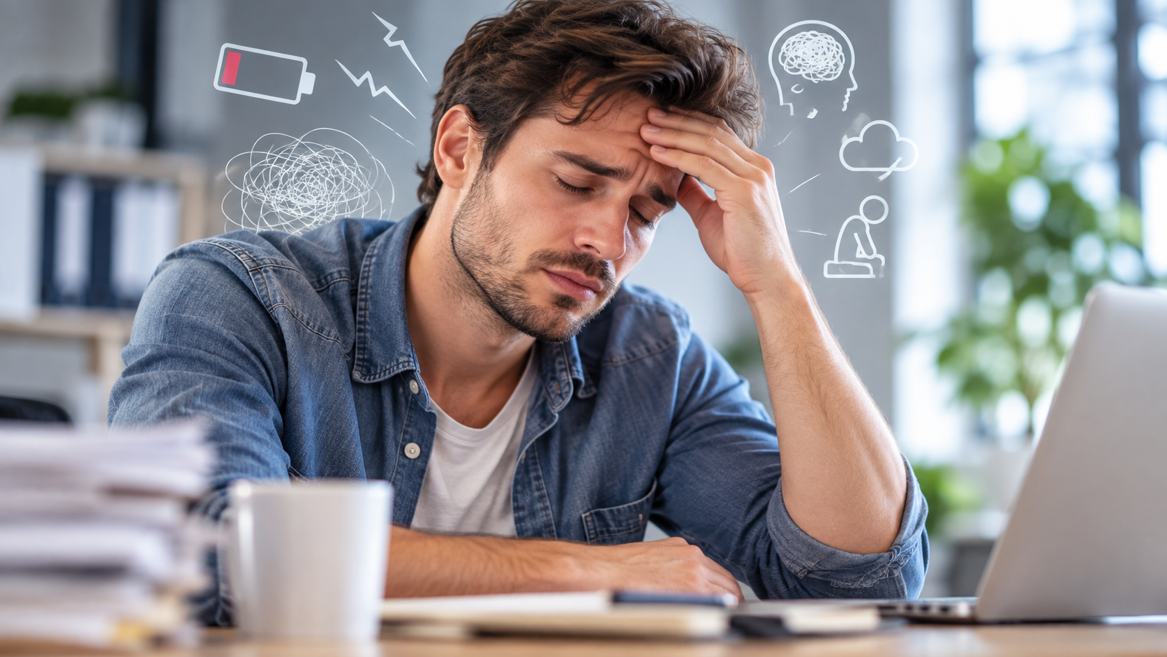 Erschöpfung & Burn-out Erschöpfter Mann am Arbeitsplatz bei Stress und Burn-out