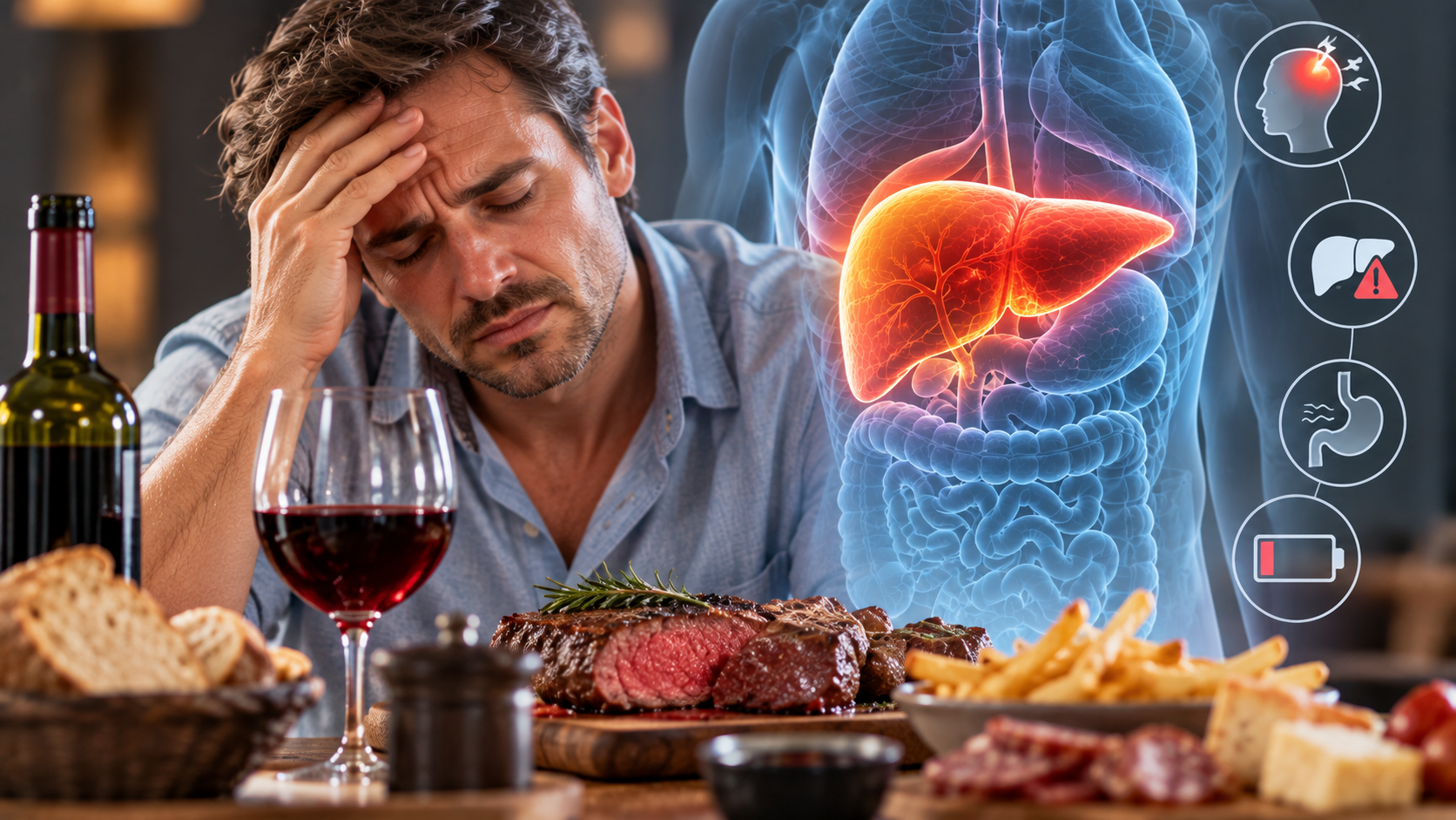 Leberbeschwerden Man with illustration of the liver and possible contributing factors