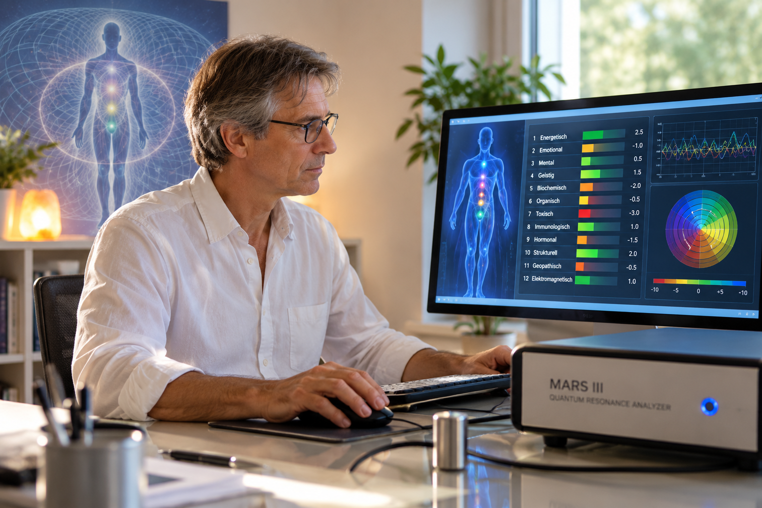 Quantum Energy Analysis Workspace Symbolische Darstellung einer computergestützten Quantenresonanz-Analyse mit zwölf Analyseebenen